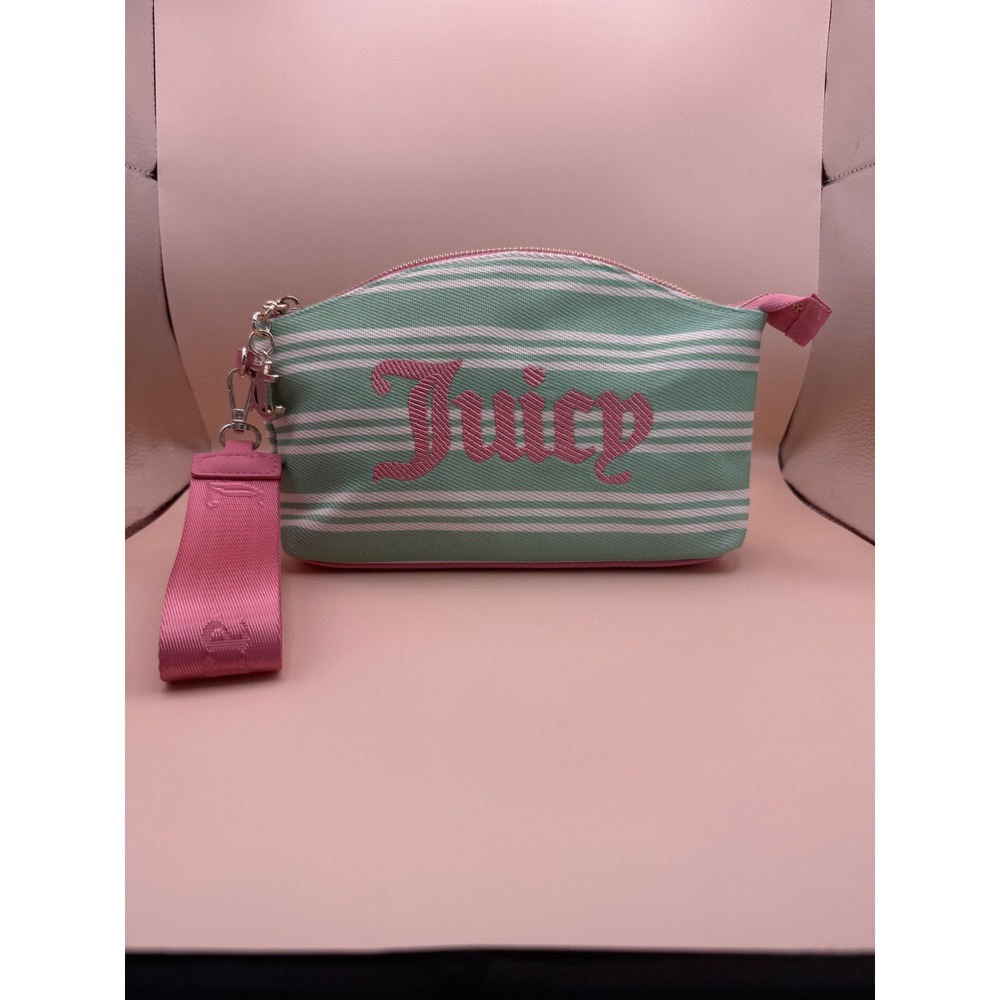 Juicy Couture Striped Canvas Wristlet Pouch Mint‎ Pink Paradise Makeup Bag NWOT